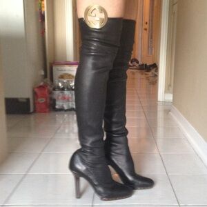 Iconic Gucci logo Black over the Knee-High Leather Boots size 8.5